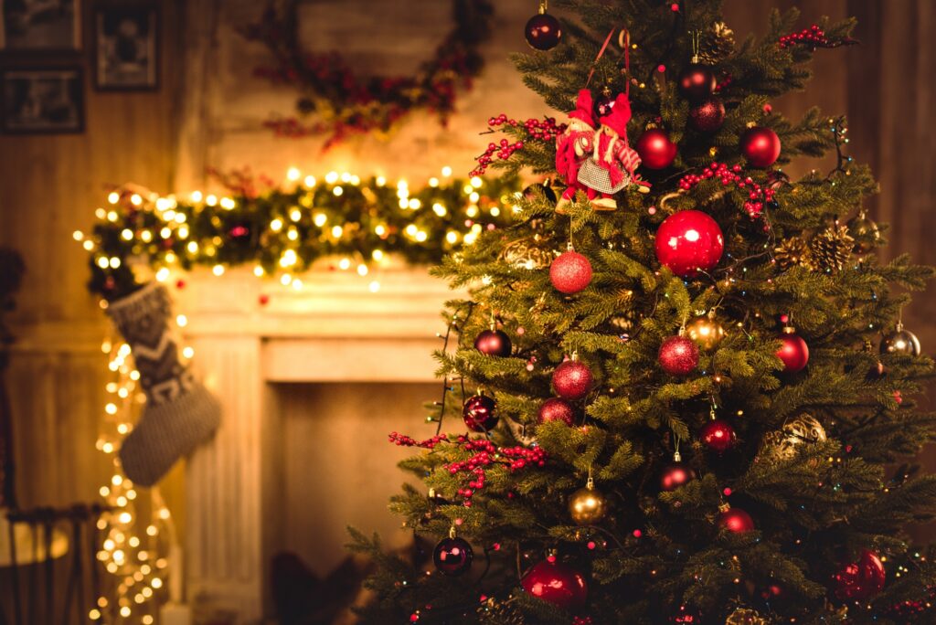 Glowing Yellow Christmas Lights And Trees At Home